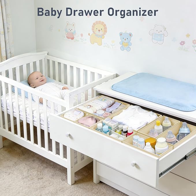 DIMJ Drawer Organizer Clothes, 26 Pack Dresser Organizer, Foldable Closet Organizers and Storage, Fabric Dresser Bins, Drawer Dividers for Nursery, Baby Clothes, Underwears, Sock,Beige