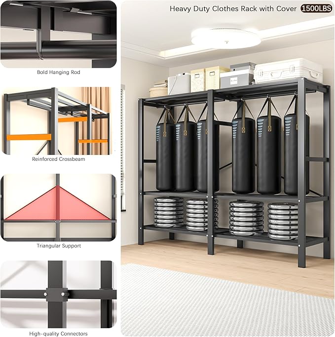 Foldable Portable Armoire Wardrobe Closet for Hanging Clothes Rack, Heavy Duty Covered Clothes Rack with Cover(HARDBOARD Magnetic), Closet Garment Rack for Bedroom Storage (KT Grey, 59.05in)