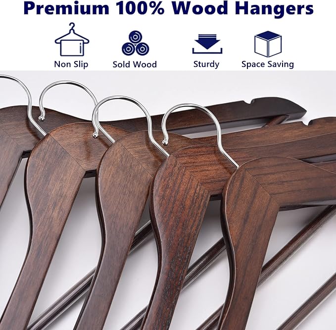 Amber Home 30 Pack Walnut Wooden Coat Hangers, Vintage Wood Suit Hangers with Non-Slip Pant Bar, Clothes Hangers for Closet Organization, Shirts, Jackets, Dresses, and Pants (Retro, 30)