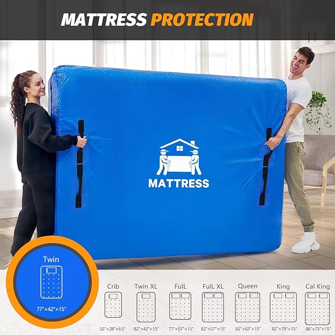 Mattress Bags for Moving, BETU Mattress Protector Waterproof Mattress Cover Twin Size Storage Bags with 8 Heavy-Duty Handles and Zipper for College Bed Extra Thick Large(2 Pack, 77"x42"x15" Blue)