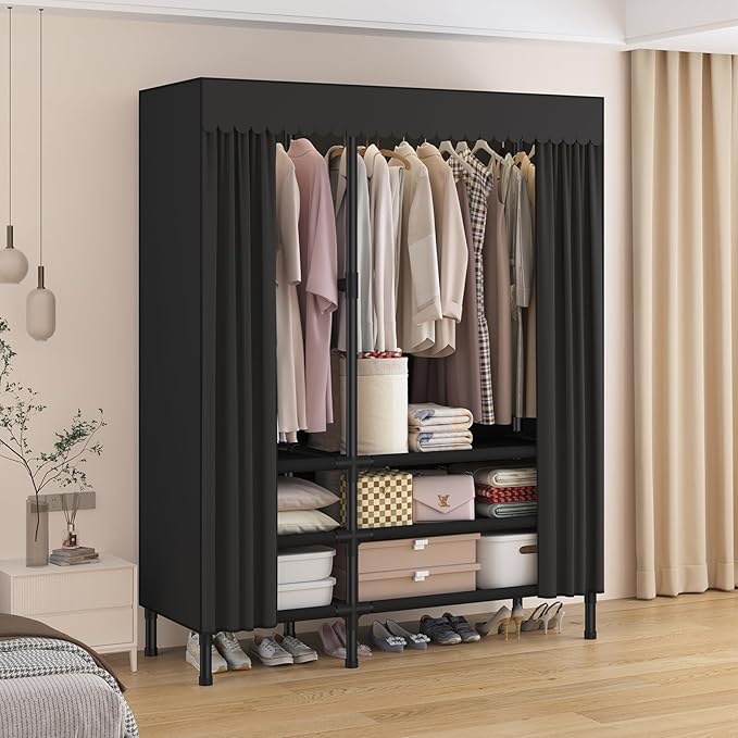 Portable Closet,Garment Rack,Heavy Duty Clothes Rack with Cover,Wardrobe Closet with 2 Hanging Rods, 6 Storage Shelves,43.3" L x 17.7" W x 67.7" H,Black