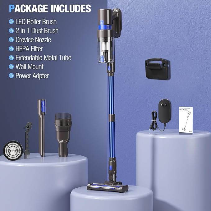 KCLASO Cordless Vacuum Cleaner, 550W 45KPA 50Min Vacuum Cleaners for Home, Self-Standing Stick Vacuum with Touch Screen, 3 Power Modes, Rechargeable Battery, Handheld Vacuum for Pet Hair Carpet Floor