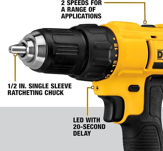 DEWALT 20V Max Cordless Drill Driver Set, 2 Speed, High Performance Motor, Includes 2 XR 1.3Ah Li-Ion Batteries, Charger and Contractor Bag (DCD771C2)