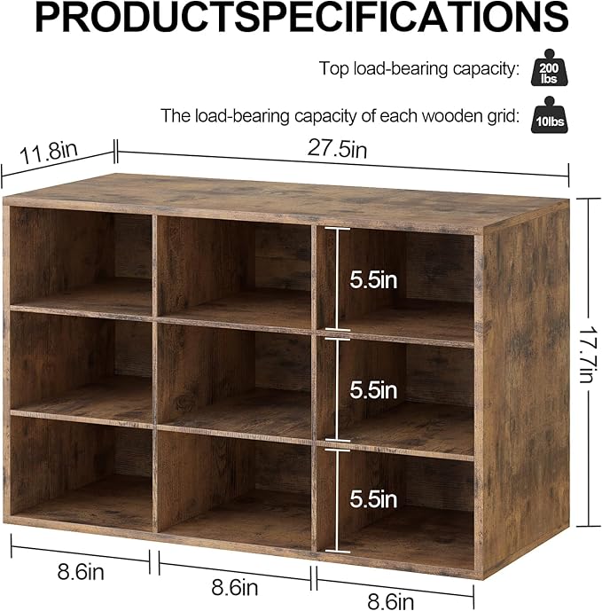 Garden 4 you Shoe Storage Bench, Cubby Shoe Rack with 9 Cubbies, 3-Tier Wood Shoe Rack Organizer, Shoe Organizer Cabinet for Entryway, Hallway, Closet and Garage, Brown