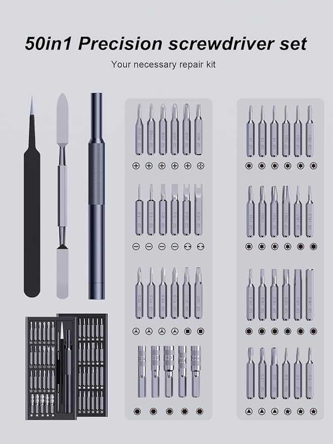AXTH 50-in-1 Precision Screwdriver Set, Professional Magnetic Small Repair Tool Kit for Electronic Devices, Mini Screw Driver with Flat, Philips, Torx, Hex, Pentalobe, Triwing, Triangle and More