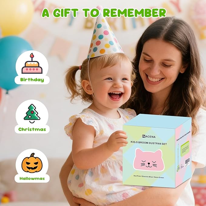 Mini Broom with Dustpan for Kids, 28-in Handle Kids Broom and Dustpan Set for Toddlers Cat-Shaped Children Broom and Cleaning Set Boys Girls Small Housekeeping Helper Set, Green