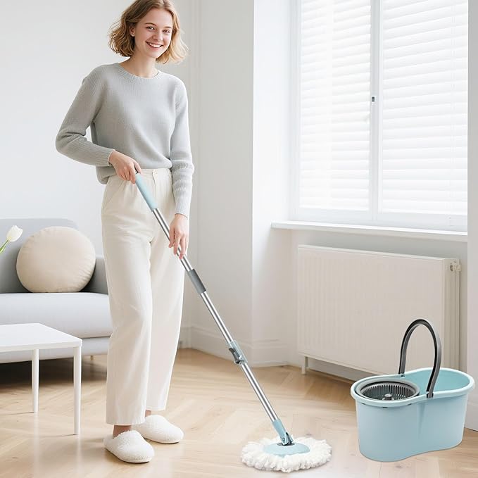 Spin Mop and Bucket with Wringer Set, 360° Spinning Mop Bucket System with 3 Microfiber Mop Replacement Heads and 50" Stainless Steel Adjustable Handle for Floor Cleaning