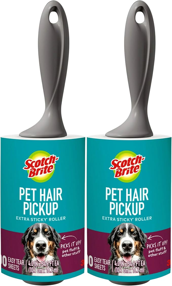 Scotch-Brite Pet Hair Pickup Extra Sticky Lint Roller with Handle, 50% Stickier, Fur and Fluff Remover for Clothes Furniture Couches Car Seats, 4 in x 54.9 ft, 2 Pack, 200 Easy-Tear Sheets