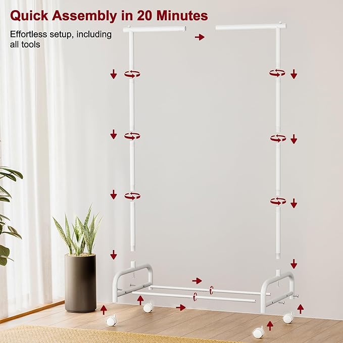 SLEEPING LAMB Heavy Duty Clothing Racks for Hanging Clothes, Small Rolling Clothes Rack with Wheels, Sturdy Garment Wardrobe Rack for Bedroom, Laundry Room, White