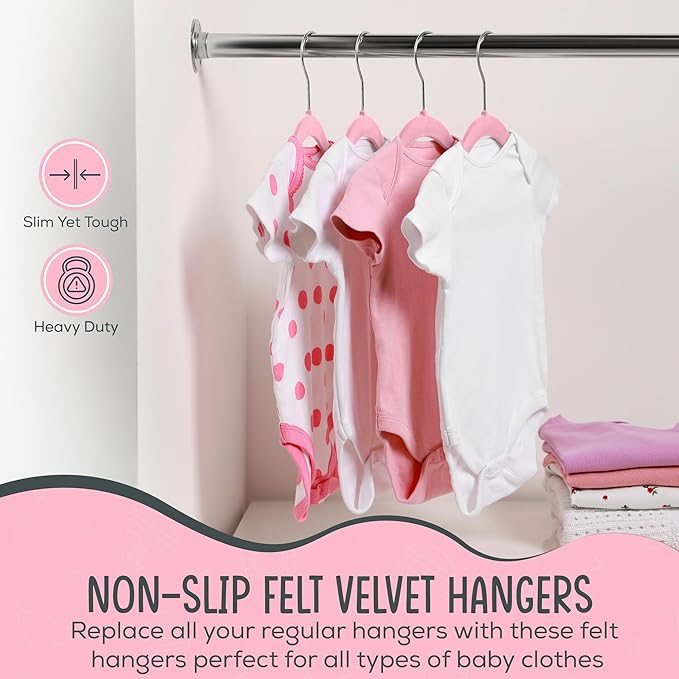 TechZoo 50 Premium Baby Velvet Hangers - 11.8 Inches Non-Slip & Ultra-Slim Baby Hangers for Space-Saving & Children Clothes - 360 Swivel Hook, Strong & Durable Infant & Toddler Clothes Hanger - Pink