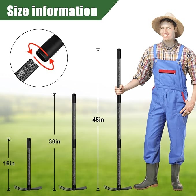 Hoe Garden Tool, 45 Inch Garden Hoe Adjustable Long Handle, 2 in 1 Garden Hoe for Weeding, Stainless Steel Weeder Tool for Yard Long Handle, Gardening Hoe for Planting, Lossening, Digging