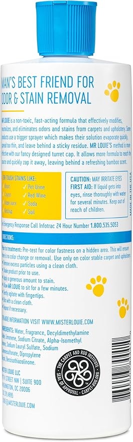 MR LOUIE Stain & Odor Remover for Carpet & Upholstery - Precision Pour No-Spray Cleaner Tough on Dog & Cat Urine, Vomit & Kid Stains - Safe for Kids & Pets (16oz)