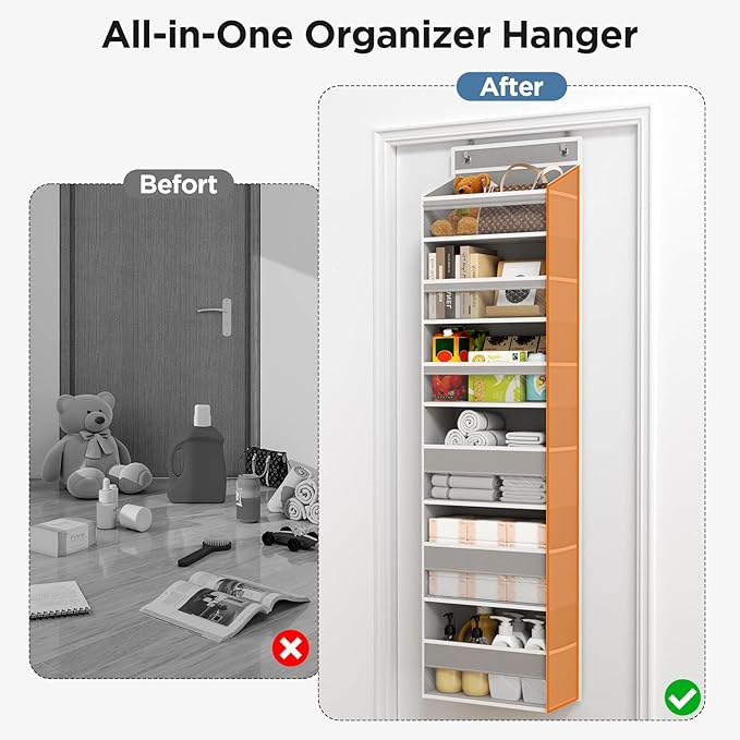 Mefirt Over The Door Organizer, 6 Shelf Door Hanging Organizers with 6 Large Capacity Pockets, Behind Door Storage Hanging Shelves for Closet Wall Bathroom Bedroom Nursery