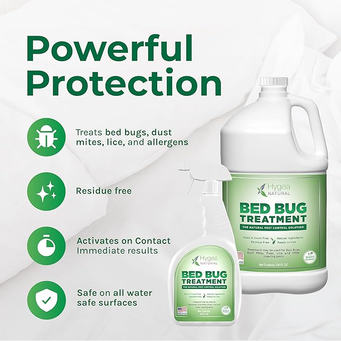 Hygea Natural Bed Bug & Lice Elimination Duo - Includes 24 Ounce Lice, Bed Bug & Mite Spray & 128 Ounce Refill - Child & Pet Friendly - Stain & Odor Free Spray