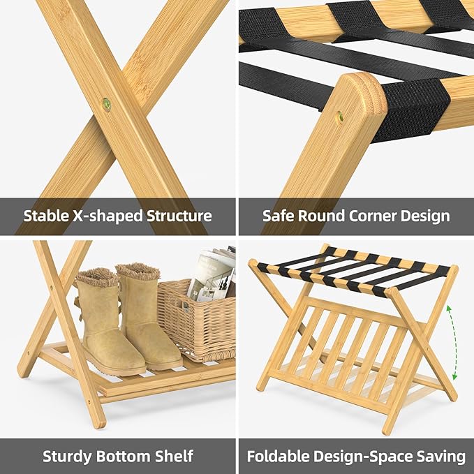 BAMBOOHOMIE 2 Pack Bamboo Luggage Rack for Guest Room, 26.77" Folding Wide Suitcase Stand with Storage Shelf, Thickened Luggage Stand Holder for Bedroom Hotel, Luggage Rack for Suitcases (Natural)