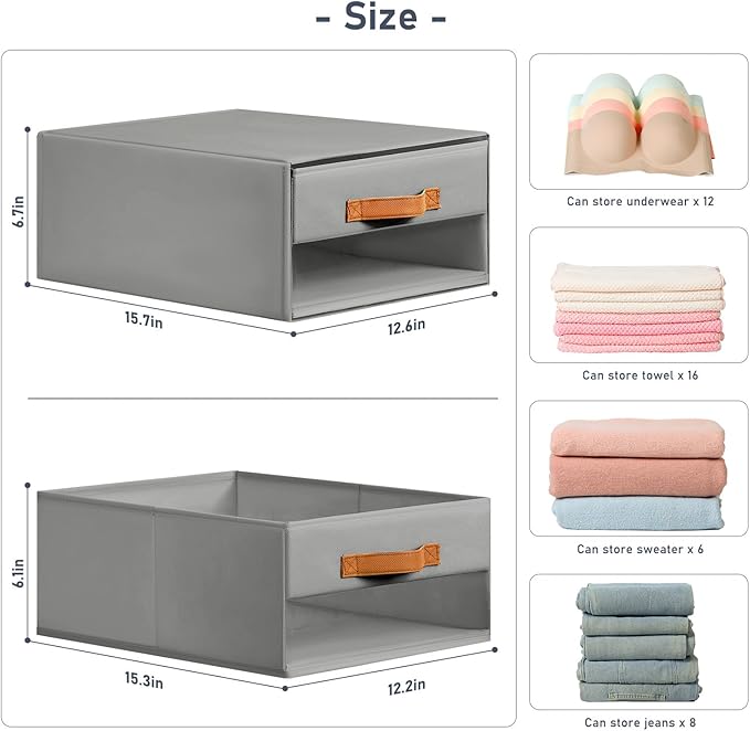 DIMJ Closet Organizers and Storage - Fabric Bins with Drawers for Closet Foldable Clothes Organizers with Clear Window, Stackable Storage Drawers Units for Bedroom, Living Room, 4-Pack, Grey