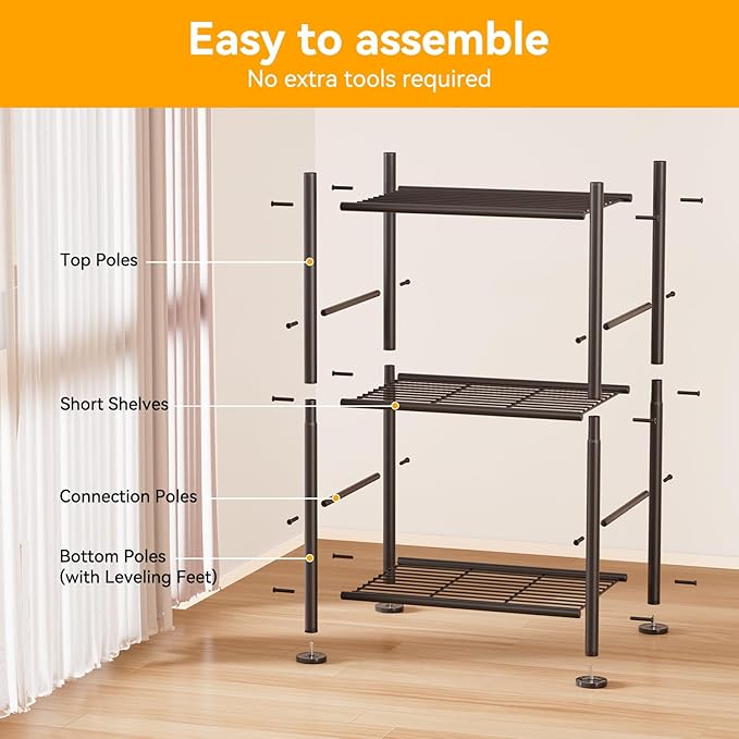 BolDuck 3 Tier Shelf Organizer Rack, Metal Shelving Unit with Adjustable Leveling Feet, Space-Saving Storage Shelves for Closet Laundry Bathroom Kitchen Pantry, 18.11" Wx12.6 Dx29.53 H, Black
