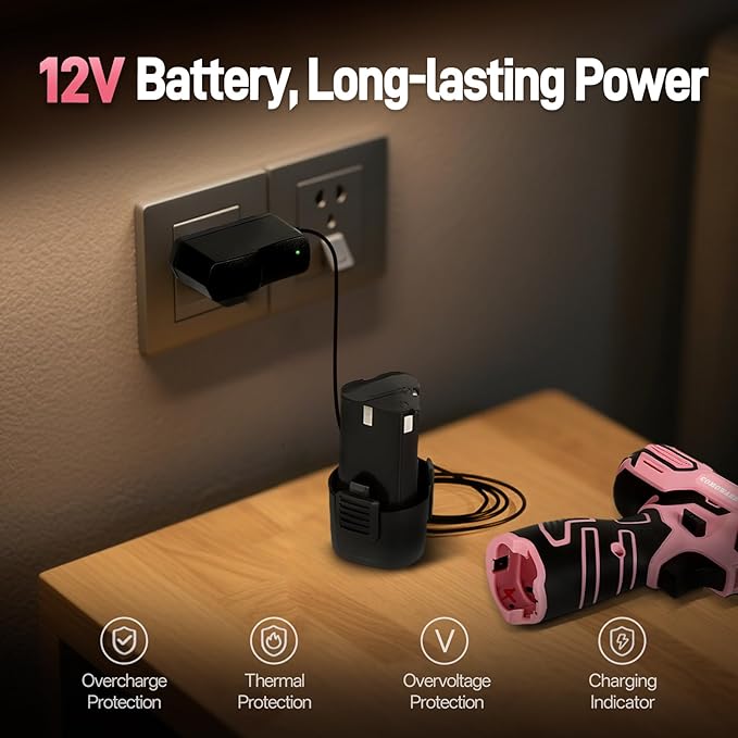COMOWARE 12V Cordless Drill Set, Pink Hand Tool Set with Cordless Drill Driver, Complete Repair Tool Kit for Women, Storage Bag, Ideal for Office, Garden, Dorm and DIY Project