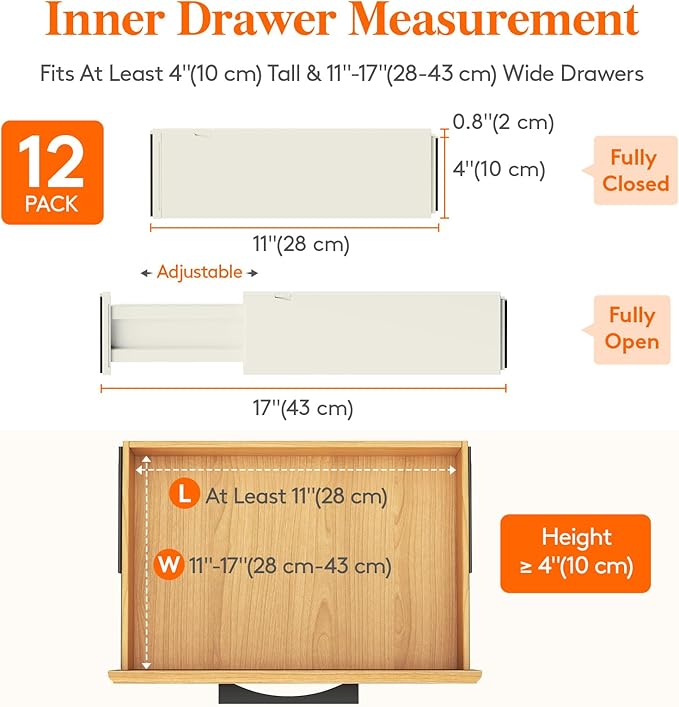 Lifewit 12 Pack 4" High Drawer Dividers 28-43.5cm/11-17" Adjustable Drawer Organizer for Clothes/Utensils, Expandable Drawer Separator in Dresser/Kitchen/Bedroom/Office Organization & Storage Beige