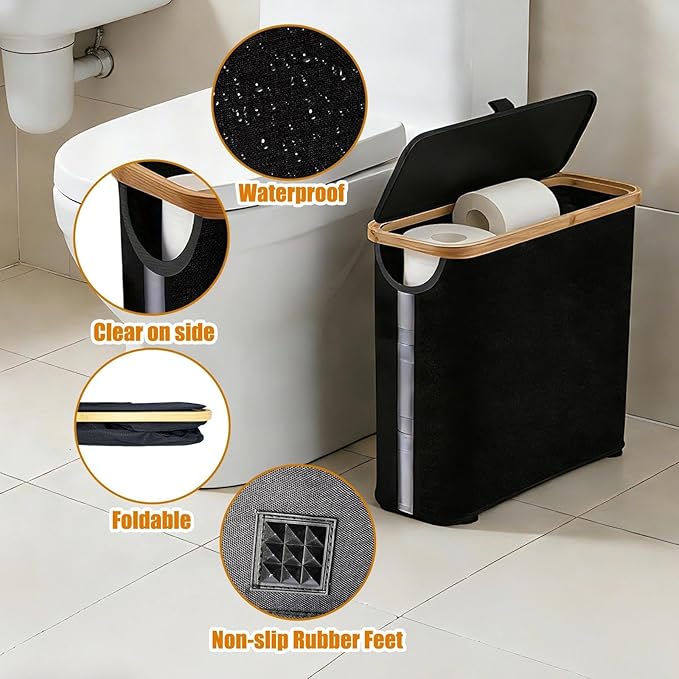 Toilet Paper Roll Storage, Bathroom Slim Toilet Paper Storage with Lid for 12 Rolls, Ultimate Bathroom Organizer with Anti-Slip Base, Black 30L
