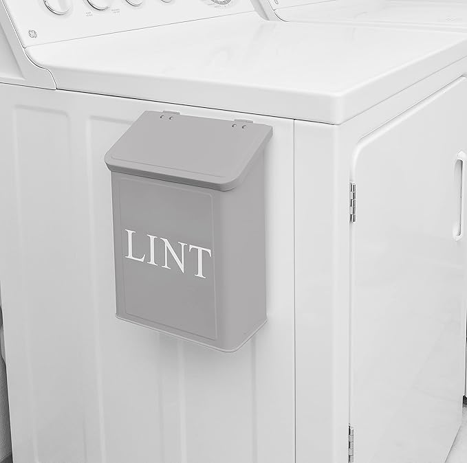 Calindiana Modern Farmhouse Metal Magnetic Lint Bin for Laundry Room Decor and Accessories with Lid and Laundry Room Organization and Storage Wall Mount Space Saving Washer and Dryer Trash Can (Grey)