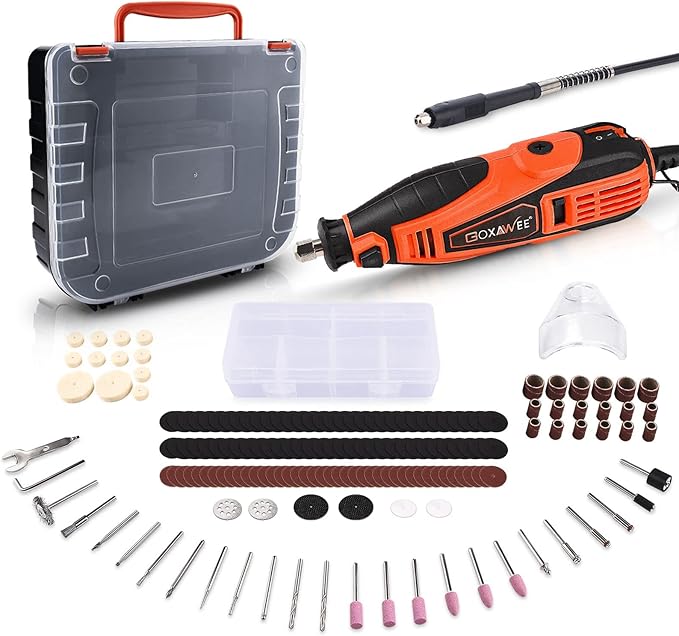 GOXAWEE Rotary Tool Kit with 180 Rotary Tool Accessories & Flex Shaft & Universal Collet, 5 Variable Speed Rotary Multi-Tool, Mini Electric Drill Set for Crafting DIY Project(Orange)
