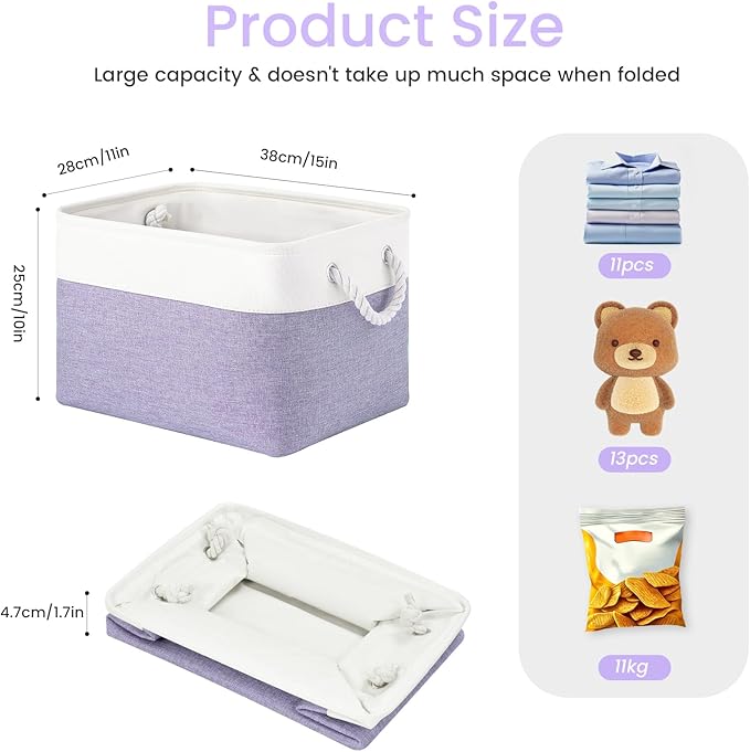 Large Storage Baskets- 15x11x10 inch Storage Bins for Shelves and Closet Organizing, Foldable Fabric Bin for Home Organization Clothes and Laundry (1-Pack, White&Purple)