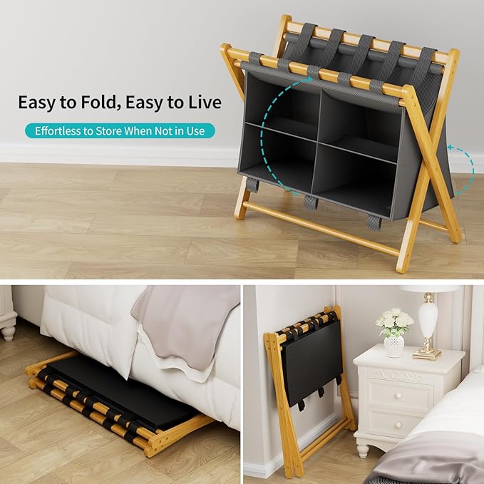 Folding Luggage Rack, 2-Pack Natural Bamboo Suitcase Stands with 4 Storage Compartments , Sturdy Luggage Holders for Guest Room, Bedroom, Hotel