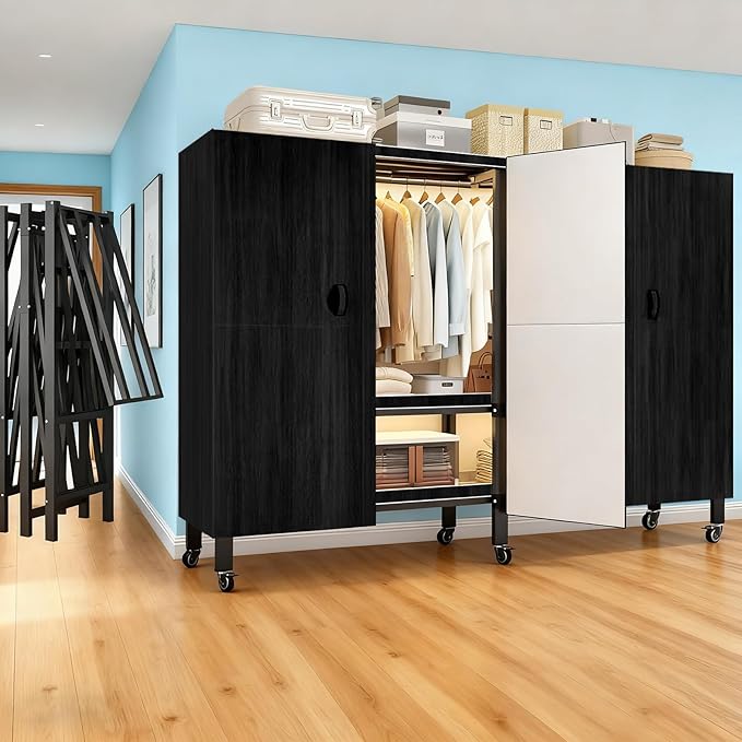 Foldable Portable Armoire Wardrobe Closet for Hanging Clothes Rack, Heavy Duty Covered Clothes Rack with Cover(HARDBOARD Magnetic), Closet Garment Rack for Bedroom Storage (KT Black, 74.8in)
