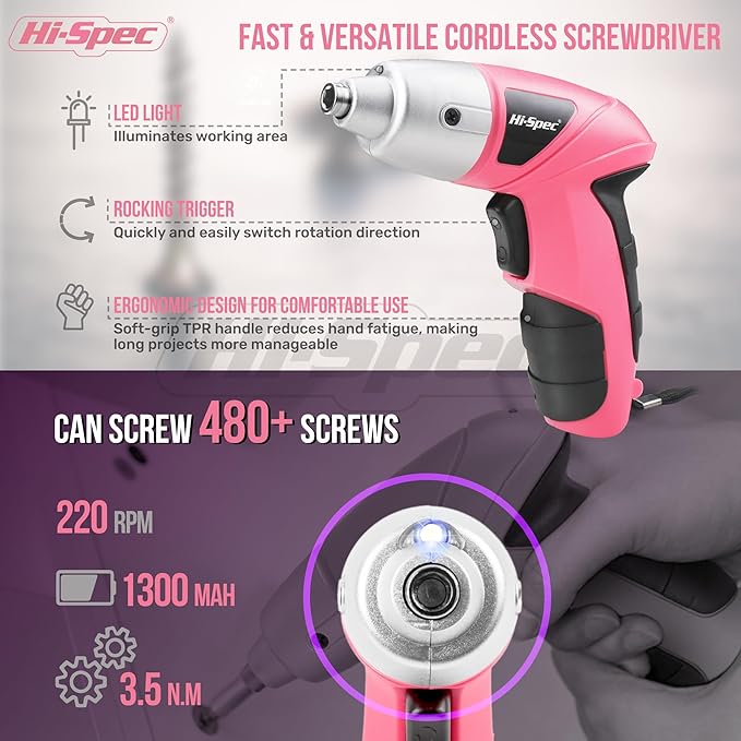 Hi-Spec Cordless Electric Screwdriver, Power Screw Driver Set with Pink Compact Tool Kit for Small Repair and Maintenance- Ideal Housewarming Gift,19 Piece