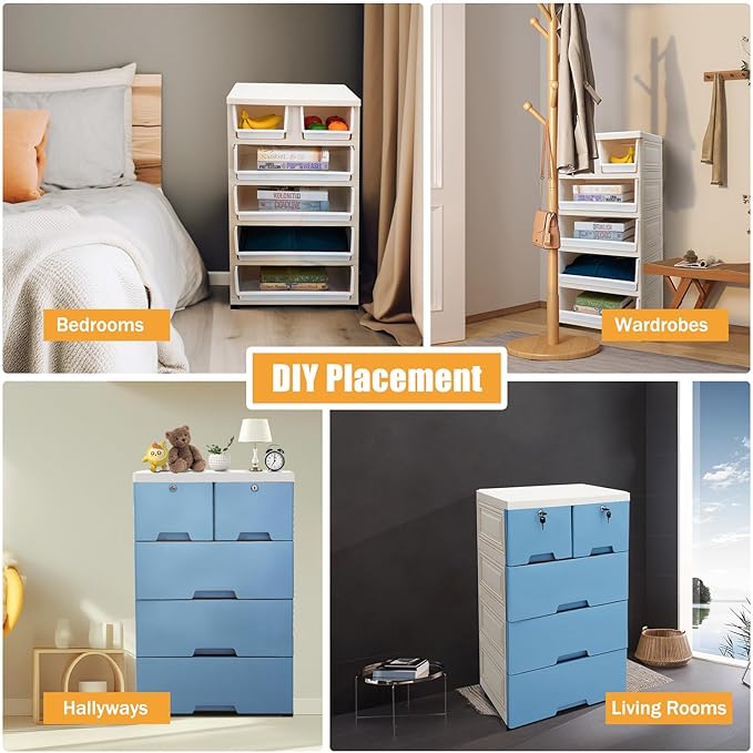 6 Drawer Storage Drawer, Clothes Organizer Tower Cabinet, Plastic Drawers Dresser Storage Cabinet with 4 Wheels for Home Office Bedroom, Blue