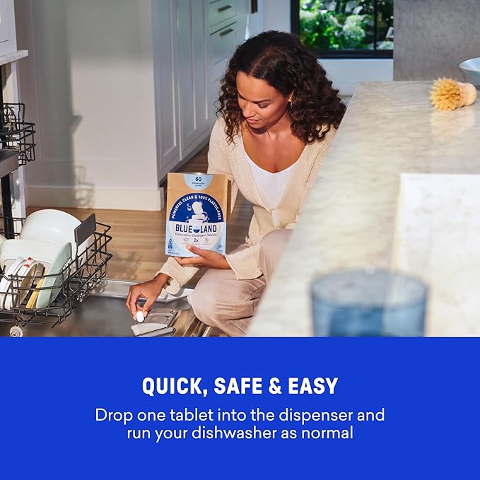 BLUELAND 100% Plastic-Free Dishwasher Detergent Tablets, 120 Count, Free & Clear, Eco-Friendly Dishwashing Pods, Natural, USDA Certified biobased