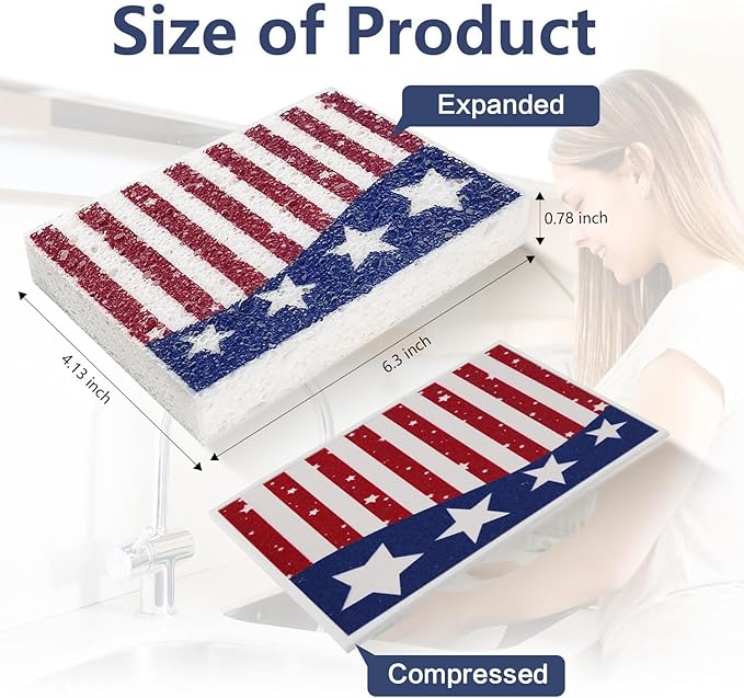 4Pcs USA Flag Heavy Duty Kitchen Dish Sponges | Large Odor Free Non-Scratch Scrub Pad | Household Cleaning Scrubber for Sink, Counters, Surfaces, Pots, Pans, Dishwashing (6" x 4" x 1"), Style 1