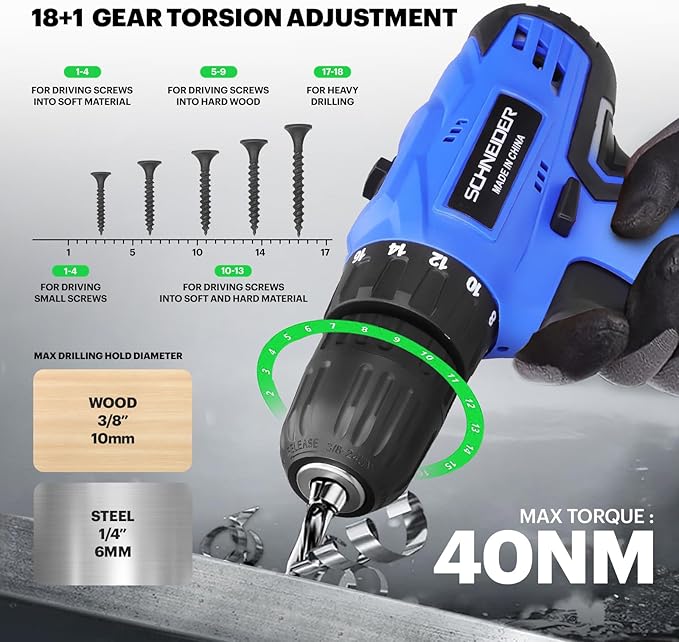 Schneider 21V Tool Set with Drill, 350 in-lb Torque, 0-1350RMP Variable Speed, 10MM 3/8'' Keyless Chuck, 18+1 Clutch, 1.5Ah Li-Ion Battery & Charger for Home Tool Kit