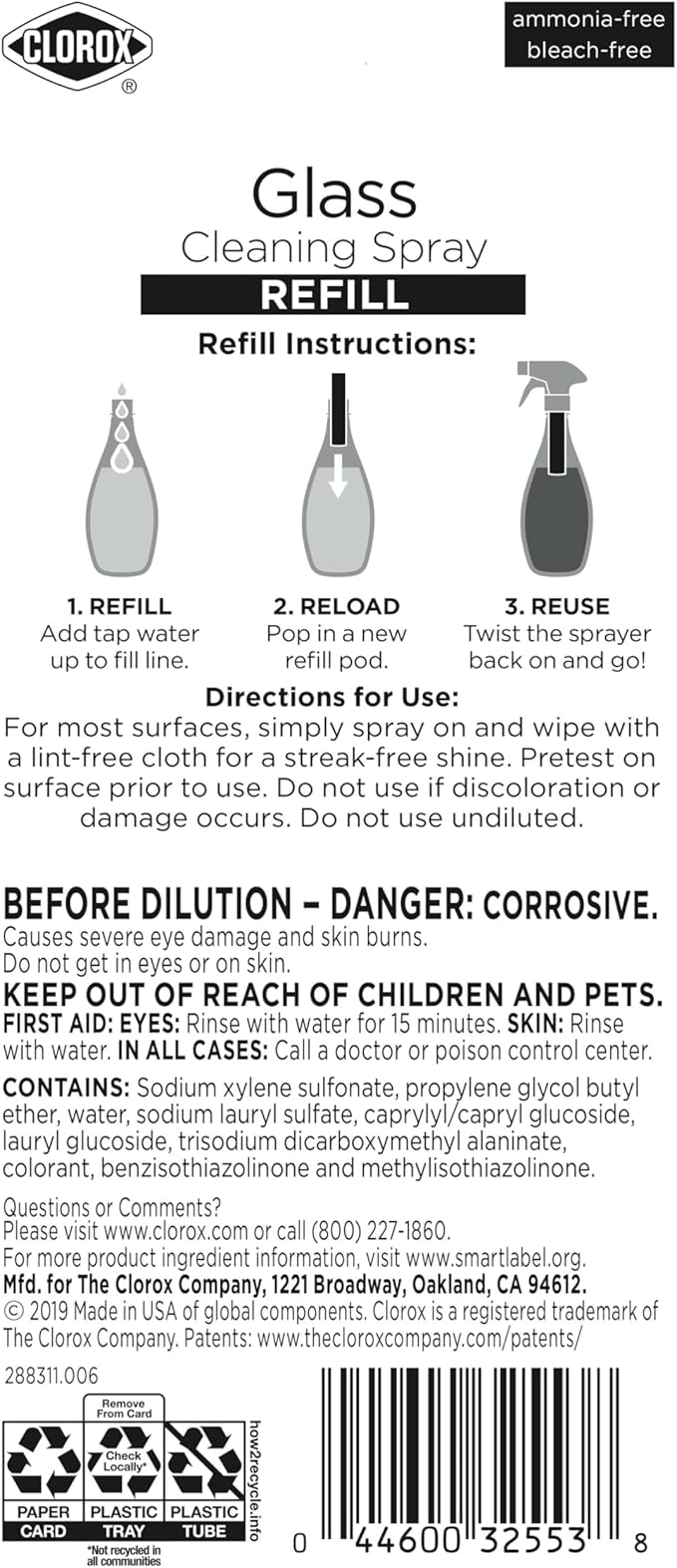 Clorox Glass Cleaner Refills Glass Cleaning System for Mirrors and Window Cleaning, 2 Count
