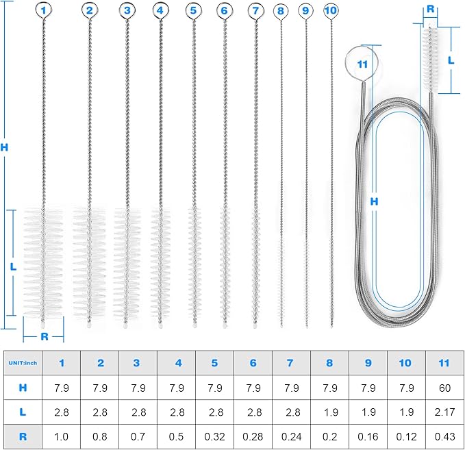Cleaning Brushes Set, 10 Pieces 8 Inch Nylon Tube Brush + 60 Inch Flexible Long Drain Brush, Hose Pipe Brush, Suitable for Home Kitchen, Bathroom, Fish Tank, Water Pump Accessories (White)
