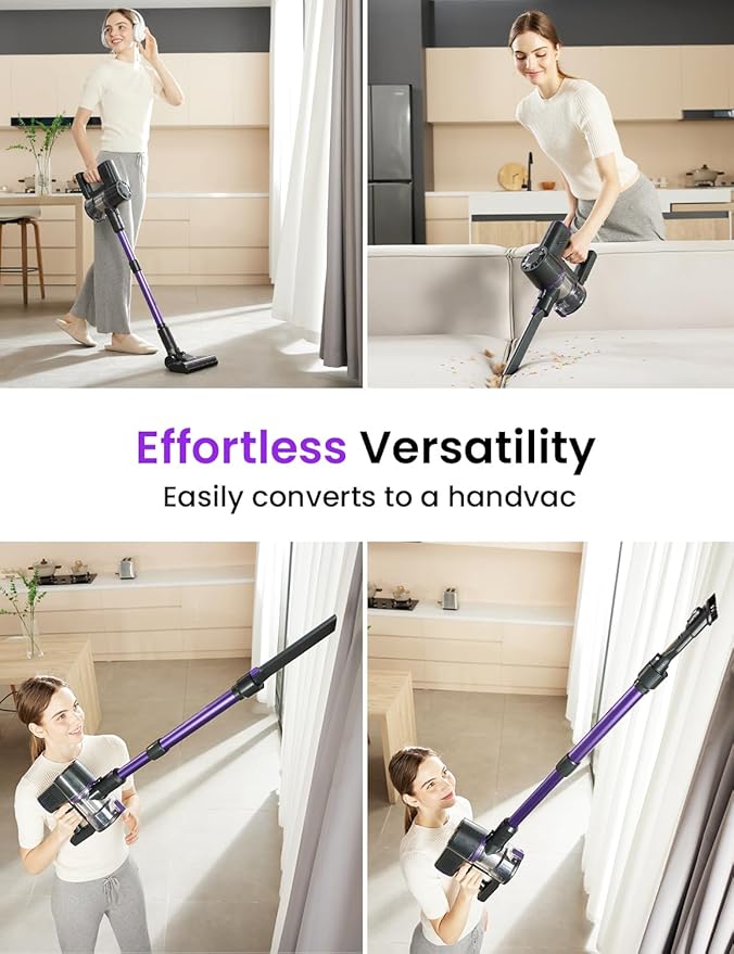 Vexilar Cordless Vacuum Cleaner, Self-Standing, Rechargeable Stick Vacuum Cleaners for Home, 35mins Runtime, LED Screen, 6-in-1 Lightweight Handheld Vacuum for Hard Floor, Carpet (Purple)