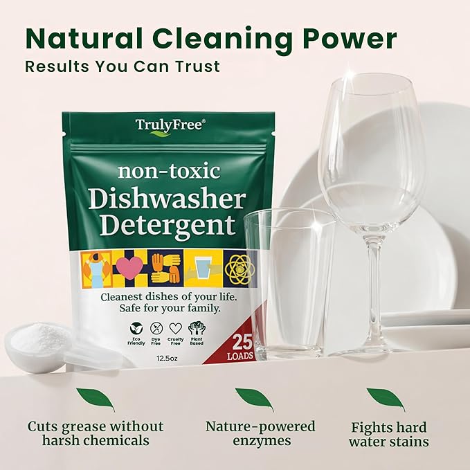 Truly Free Dishwasher Detergent Powder | Natural Dish Detergent, Dishwasher Soap | Plastic Free, Plant-Based, Clean, Heavy Duty Hard Water Stain & Grease Remover | Fragrance Free | 12.5 oz (Pack of 2)