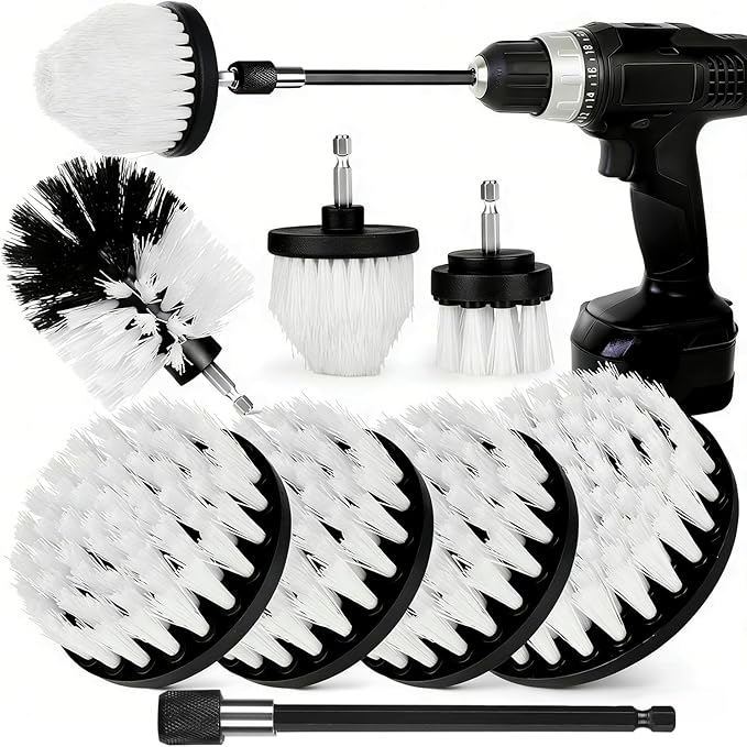 8 Pack Drill Brush Attachment Set,1/4in Power Scrubber Brush + Extend Long Rod, Power Cleaning Scrub Brush for Bathroom, Tub, Tile, Floor, Grout, Boat(White)