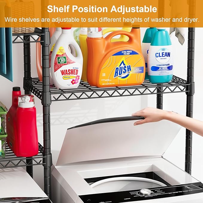 ULIFHOME U14 Over Washer and Dryer Storage Shelves, 4 Tiers Laundry Room Storage and Organizer System, Space Saving Clothes Drying Rack with 2 Clothes Hanger Rods, 66.5" W x 20.5" D x 77.4" H, Black