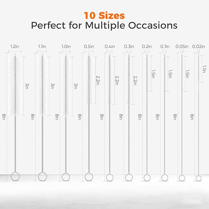 10-Packs Premium Straw Cleaner Brush in Mixed Sizes, 8IN Long Reusable Stainless Steel Cleaning Brushes Set with Soft Sturdy Nylon Bristles for Metal Straws, Sippy Cups, Tumblers & Bottles