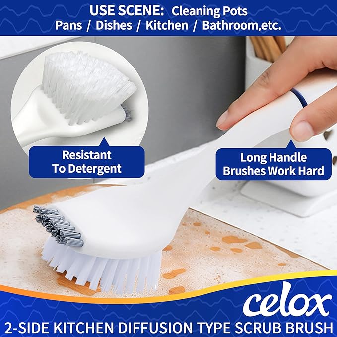 CELOX Kitchen Scrub Brush Set with Ergonomic Handle, Deep Cleaning Brushes, Include Dish Brush (Blue)
