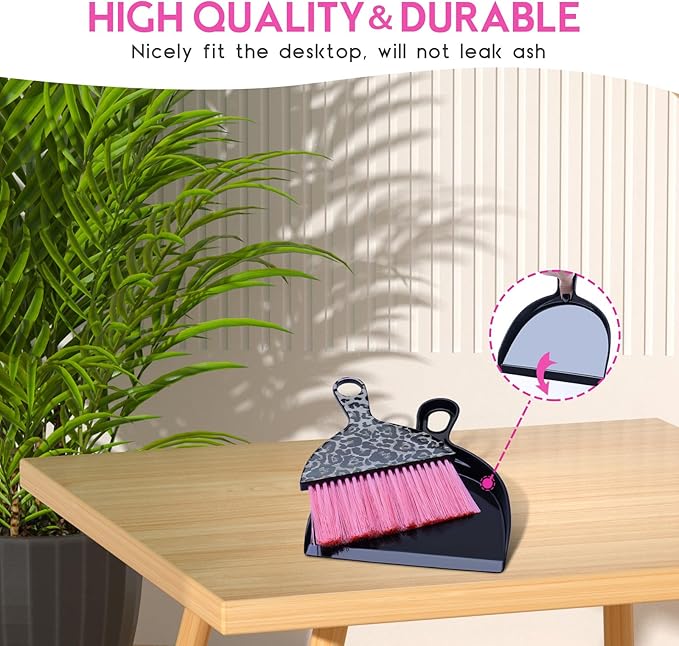 THINKLEARN 2PCS Mini Dustpan and Brush Set, Small Broom and Dustpan Set with Pink Leopard Print Design, Hand Broom Whisk Broom and Dust Pan for Cleaning Desk, Home, Cars, Pets, Kids