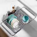 Sakugi Extendable Dish Drying Rack Over Sink with Dish Drainer, Sink Organization and Storage Essentials with Silverware & Utensil Holder, Home and Apartment Decor, 12" W x 16.1~23" L, Gray