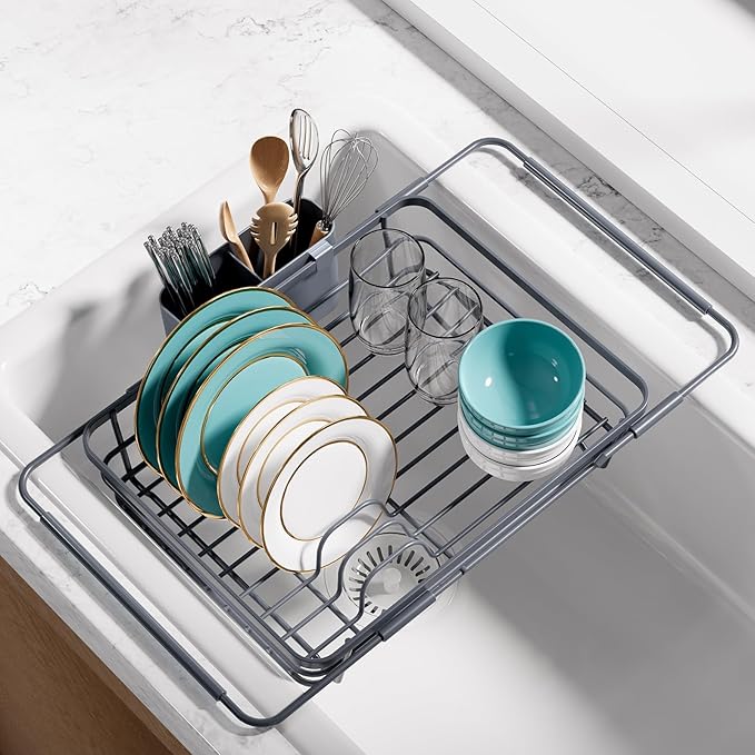 Sakugi Extendable Dish Drying Rack Over Sink with Dish Drainer, Sink Organization and Storage Essentials with Silverware & Utensil Holder, Home and Apartment Decor, 12" W x 16.1~23" L, Gray