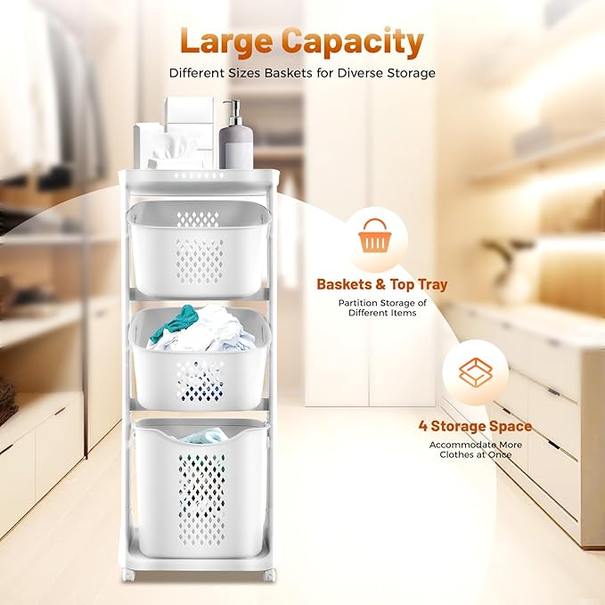 Household Storage Basket, 360° Rolling Movable Laundry Basket,Floor-Standing White Multi-layer Clothes Organizer for Kitchen,living Room and Bathroom (3 Tiers)