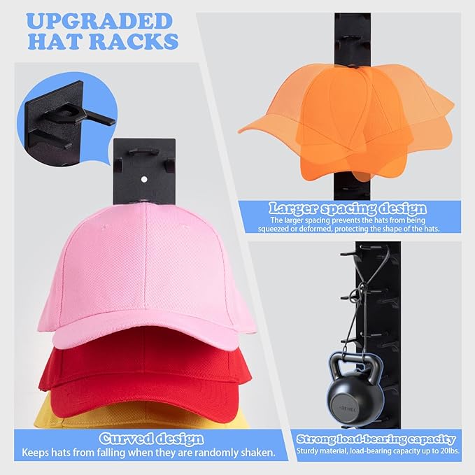 Hat Organizer for Baseball Caps, 2 Pack Hat Rack for Wall Hold up to 18 Hats Strong Adhesive Hat Hooks Stand Multilayer Hat Hanger Organizer Storage Holder Display for Door Closet Bedroom（Black)