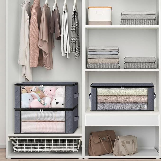 HomeHacks Storage 3-Pack Clothes Organizer Storage Bags Foldable Storage Box with Large Clear Window Sturdy Handles for Closet, Dorm, Pillows, Bedding, Clothes, Blankets, 35L, Gray