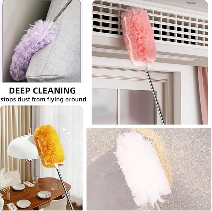 Heavy Duty Duster Refills, Disposable Dusters Kit for Cleaning Dusting Furniture Blind Ceiling Fan, Multi Surface 360 Feather Duster(10)+3FT Extended Handle（1） (White)