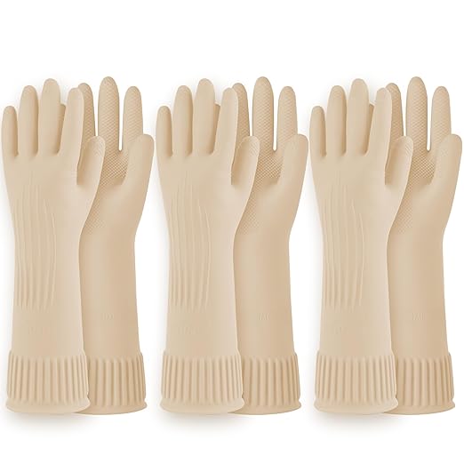 Reusable Waterproof Household Dishwashing Cleaning Rubber Gloves, Non-Slip Kitchen Glove (Ivory, Medium (Pack of 3))